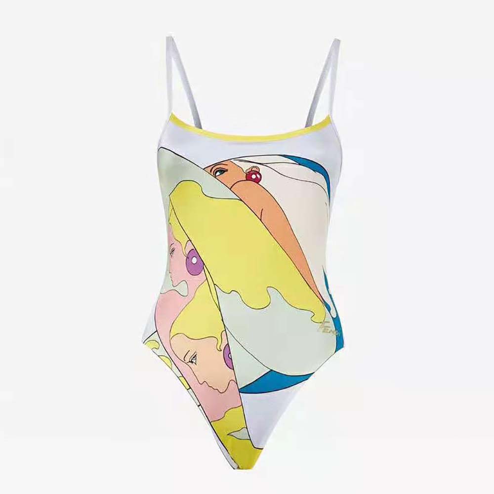 Front view of Fendi Women Swimsuit Multicolor Lycra Swimsuit-White