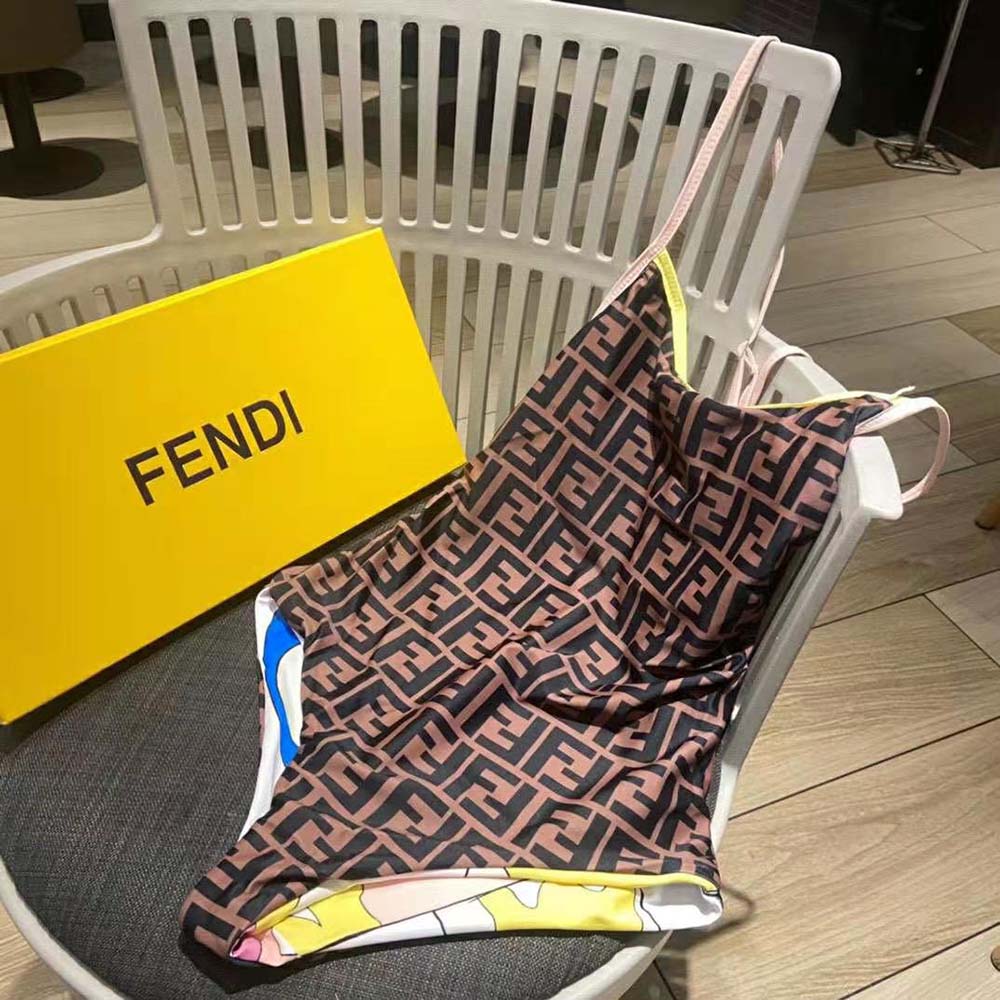 Side profile highlighting fit of Fendi Women Swimsuit Multicolor Lycra Swimsuit-White