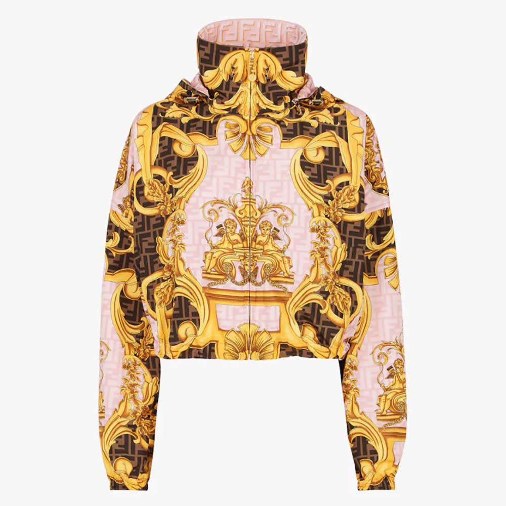 Front view of Fendi Women Windbreaker Fendace Multicolor Nylon Jacket in pink