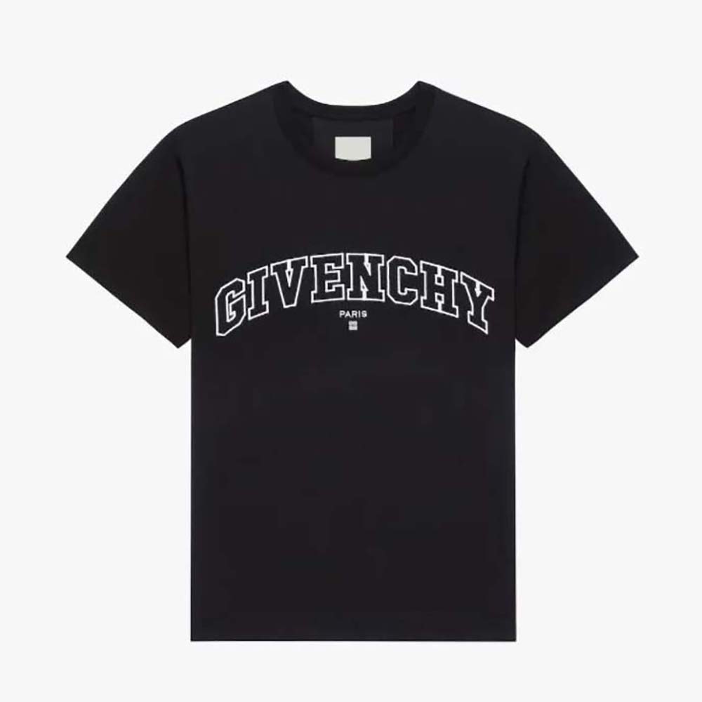 Front view of Givenchy Women T-shirt in GIVENCHY College Embroidered Jersey-Black