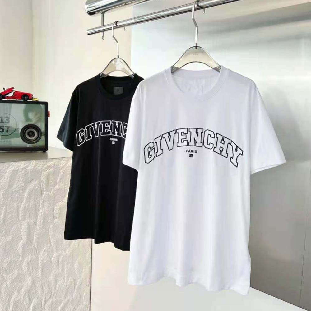 Close-up of embroidered Givenchy College logo on white T-shirt
