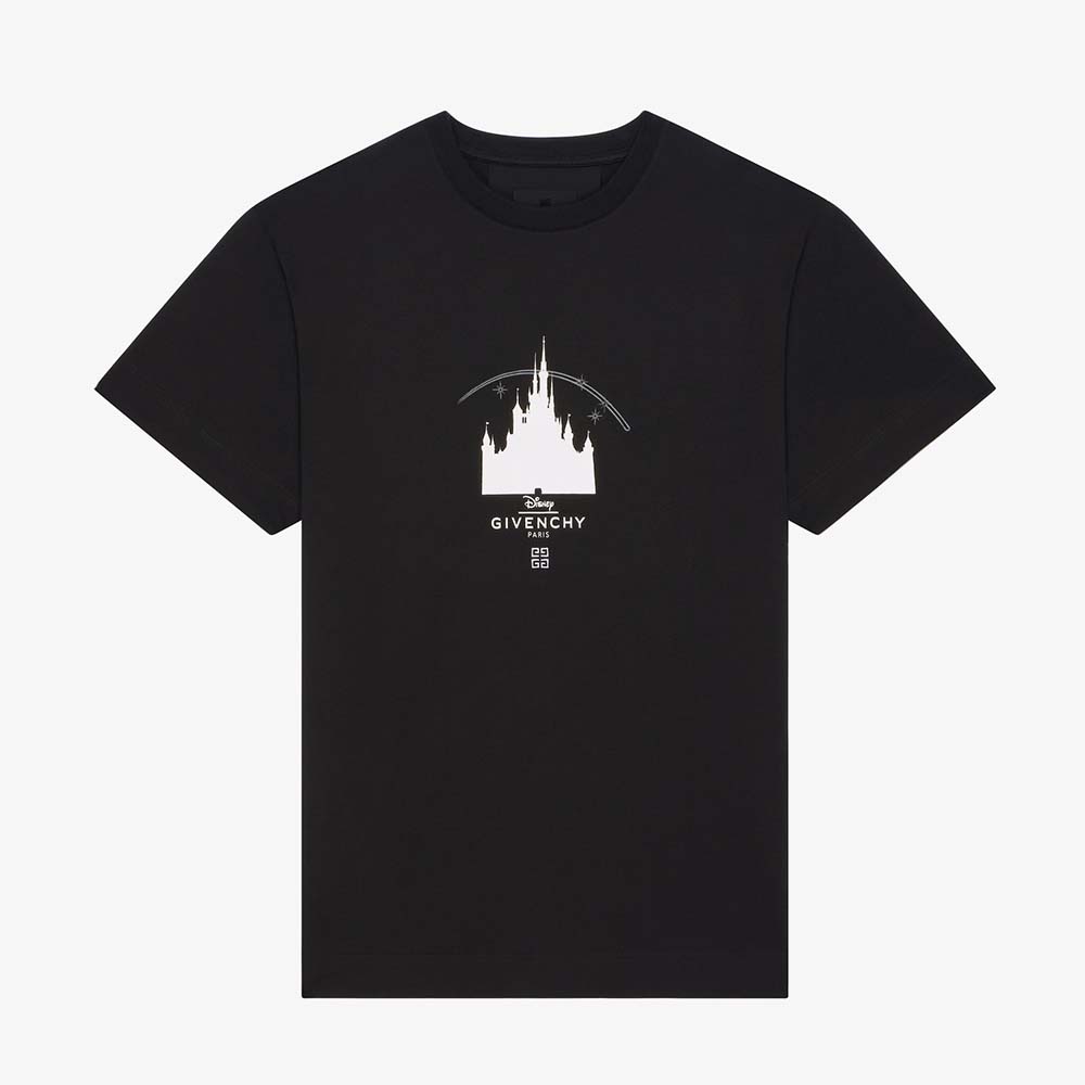 Front view of Givenchy Men Disney Castle Slim Fit T-shirt in black
