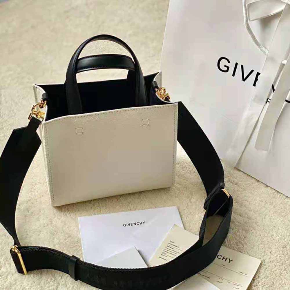 Side angle showing compact silhouette of Givenchy Mini G Tote bag