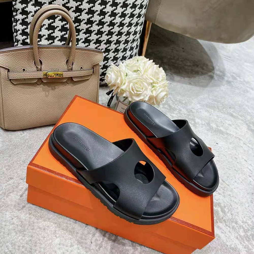 Top-down view showing open-toe design of Hermes Women Edith Sandal black