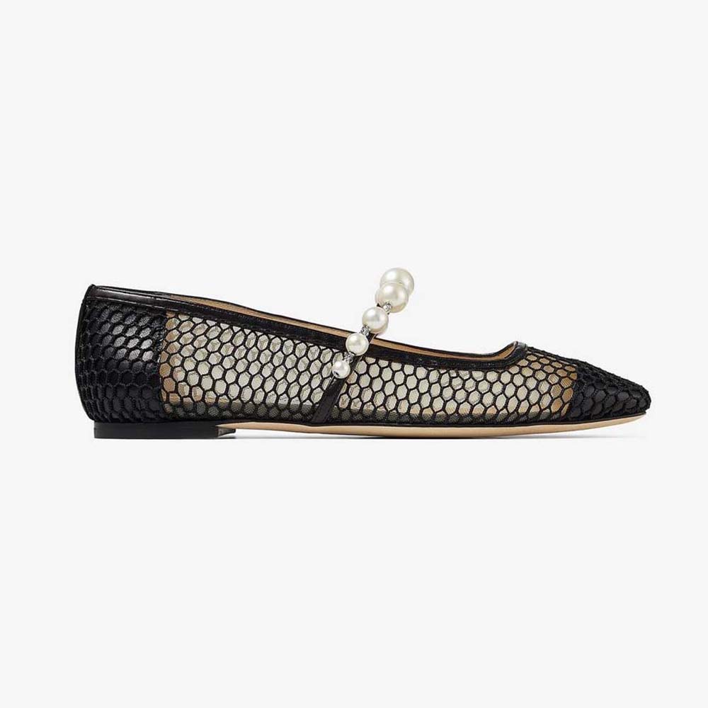 Side view of Jimmy Choo Women Ade Flat Black Fishnet Mesh and Nappa Flats