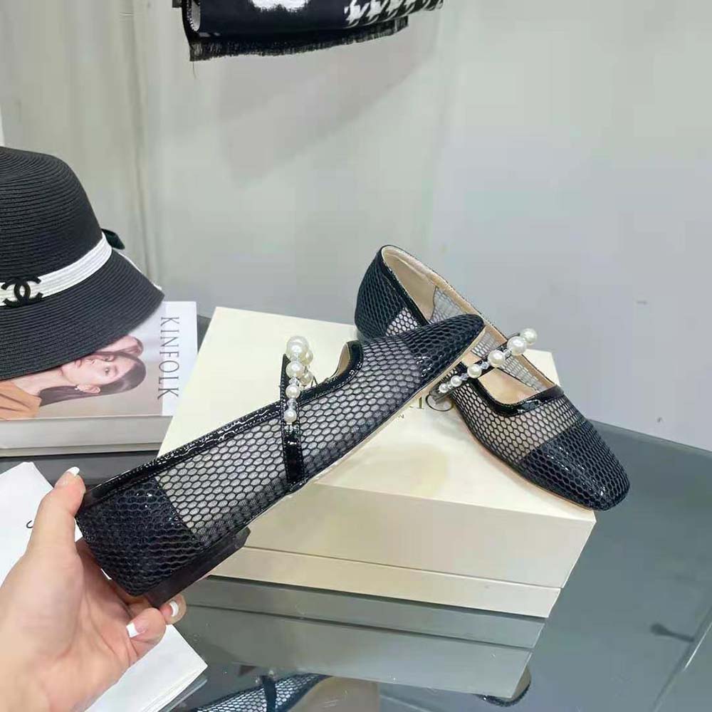 Jimmy Choo Women Ade Flat Black Fishnet Mesh and Nappa Flats with Pearl-Embellished Strap - image 9