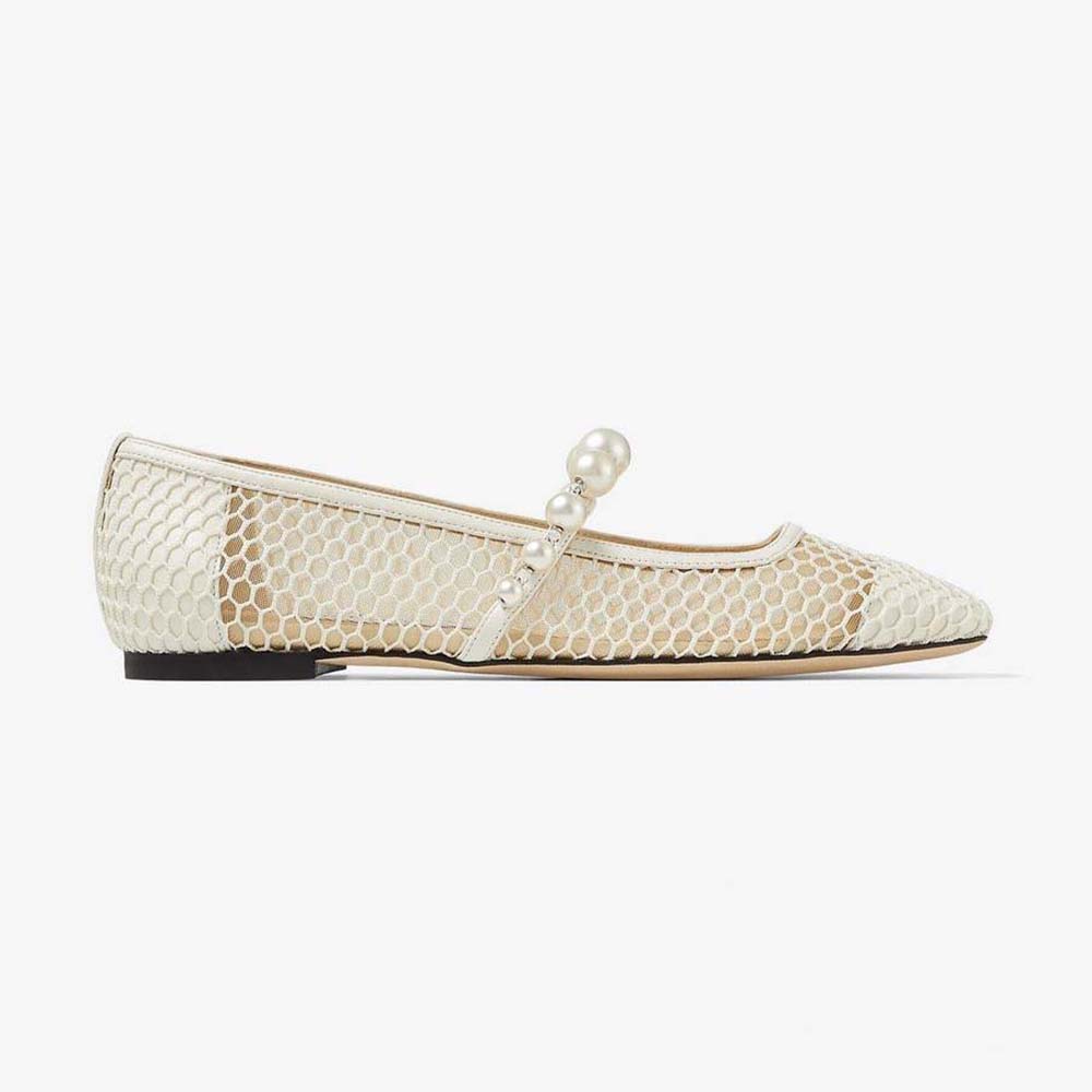 Side view of Jimmy Choo Women Ade Flat White Fishnet Mesh and Latte Nappa Flats