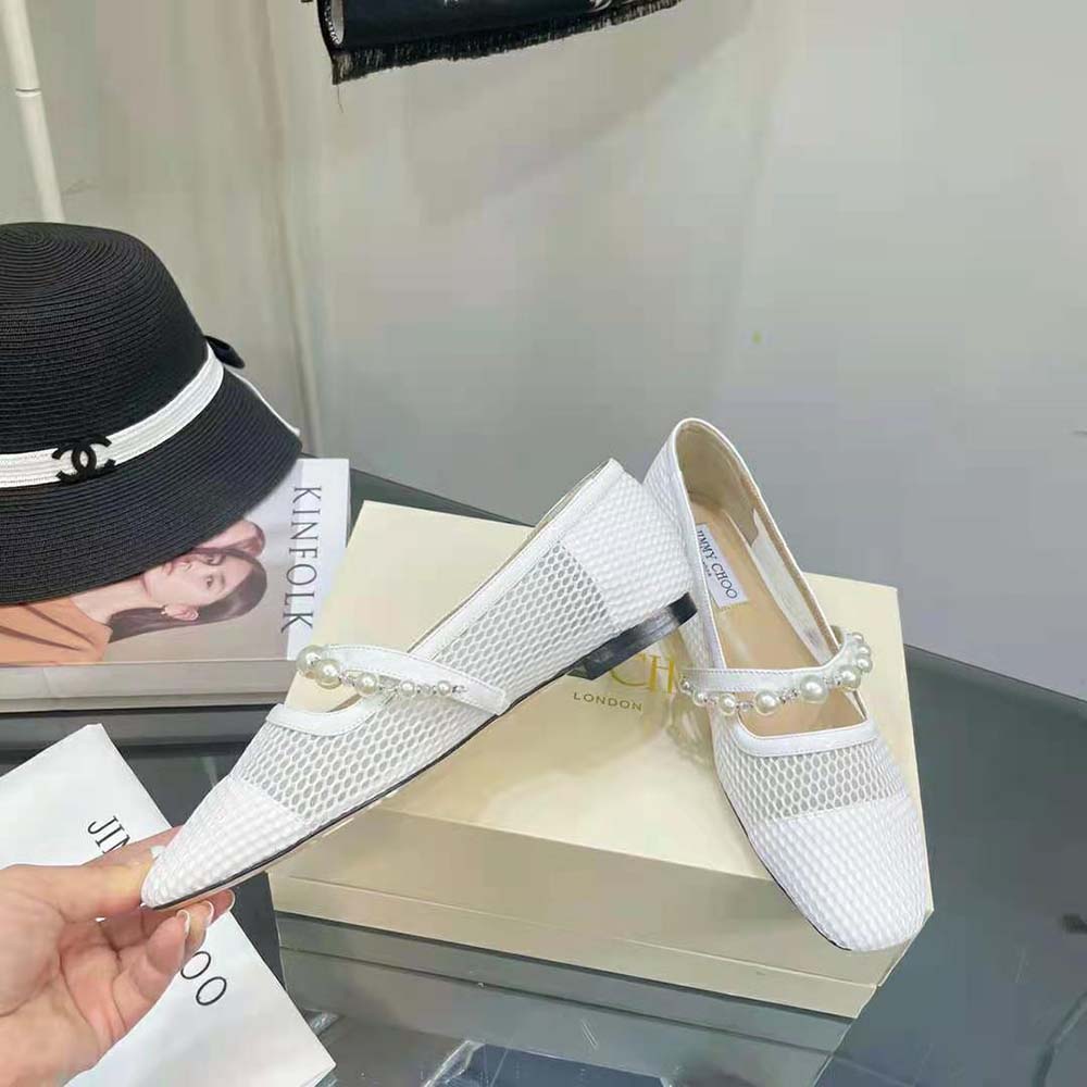Jimmy Choo Women Ade Flat White Fishnet Mesh and Latte Nappa Flats with Pearl-Embellished Strap - image 6