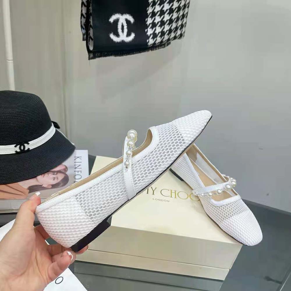 Jimmy Choo Women Ade Flat White Fishnet Mesh and Latte Nappa Flats with Pearl-Embellished Strap - image 7