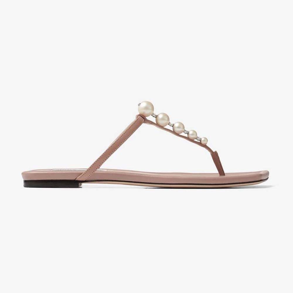 Side view of Jimmy Choo Women Alaina Flat Ballet Pink Nappa Leather Flats with Pearl Embellishment