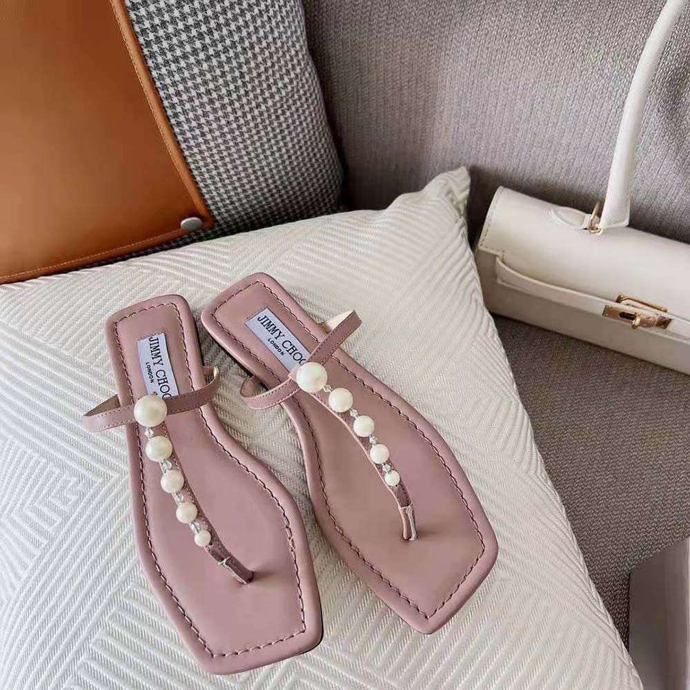 Close-up of pearl embellishments on Jimmy Choo Women Alaina Ballet Pink Flats