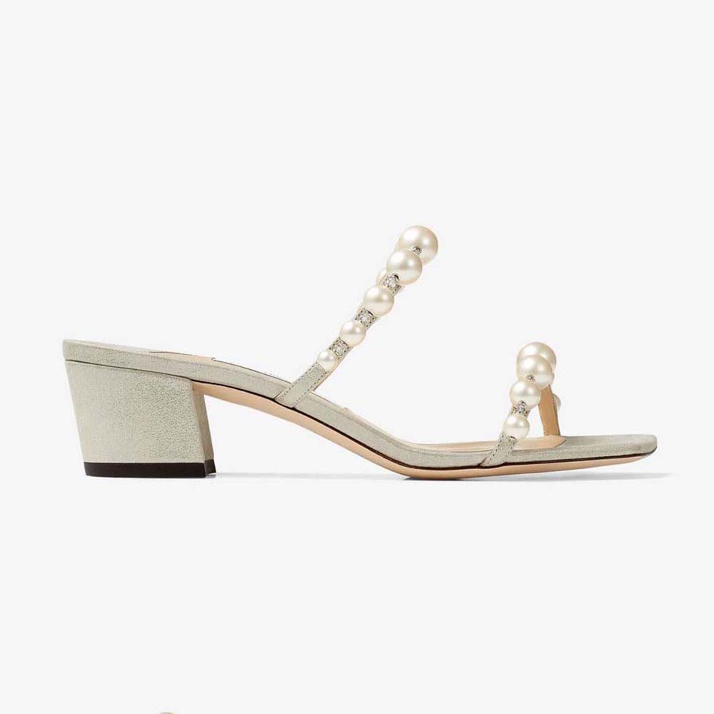 Side angle of Jimmy Choo Women Amara 45 Champagne Shimmer Suede Mules with pearl detail