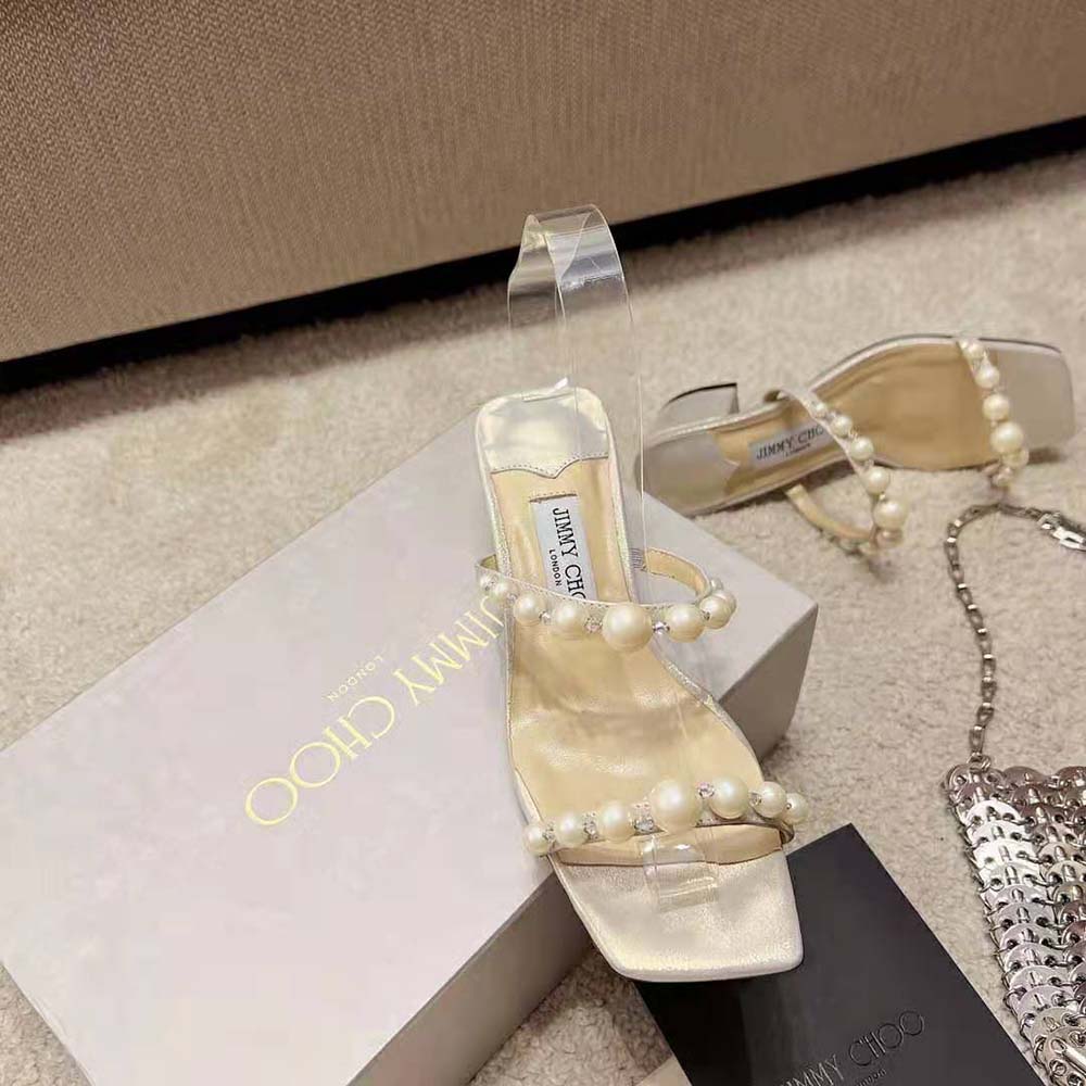 Jimmy Choo Women Amara 45 Champagne Shimmer Suede Mules with Pearl Embellishment - image 5