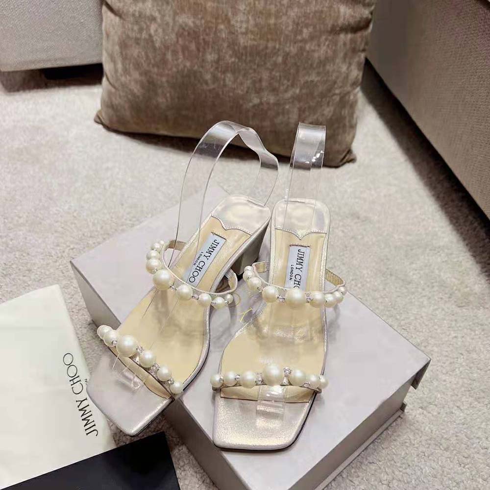 Close-up of pearl embellishment on Jimmy Choo Women Amara 45 mules
