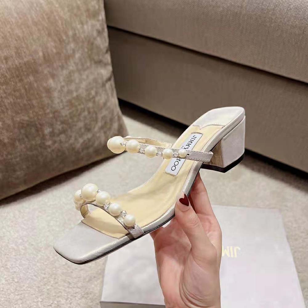 Jimmy Choo Women Amara 45 Champagne Shimmer Suede Mules with Pearl Embellishment - image 7