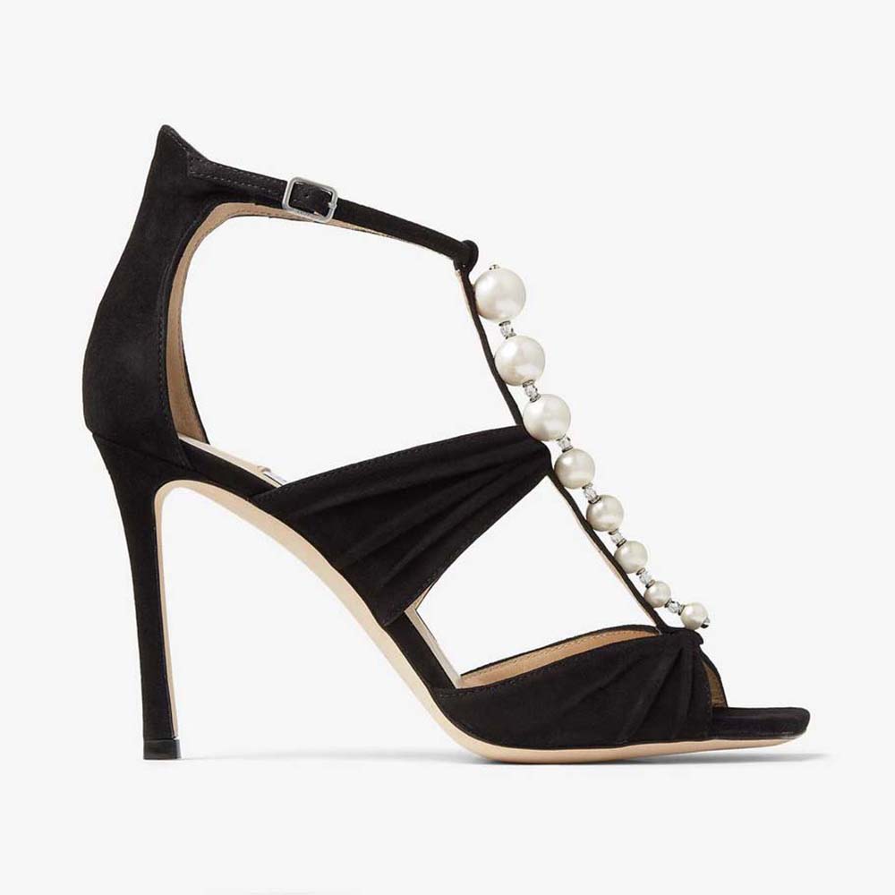 Side view of Jimmy Choo Women Aura 95 Black Suede Sandals with Pearls and Crystals