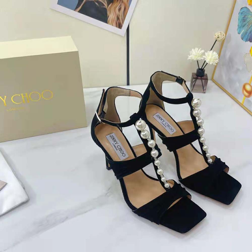 Close-up on pearl and crystal embellishments on Jimmy Choo Aura 95 sandals