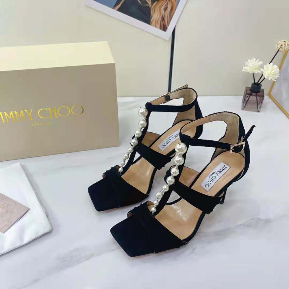 Back detail of ankle strap on Jimmy Choo Women Aura 95 Black Suede Sandals