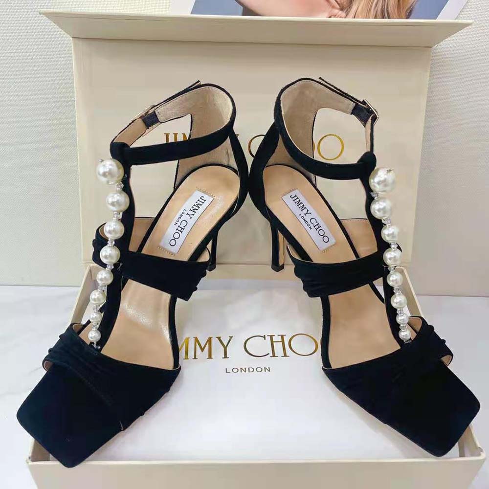 Jimmy Choo Women Aura 95 Black Suede Sandals with Pearls and Crystals - image 6