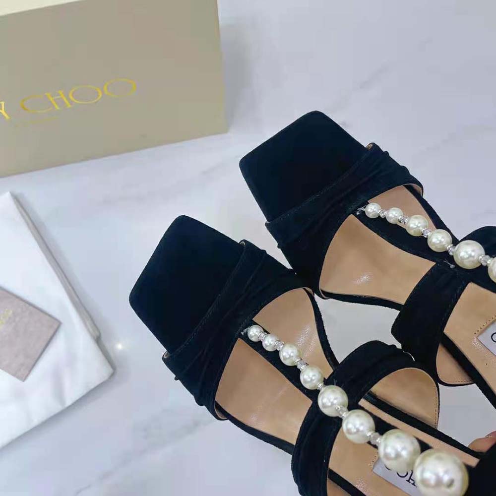 Jimmy Choo Women Aura 95 Black Suede Sandals with Pearls and Crystals - image 8