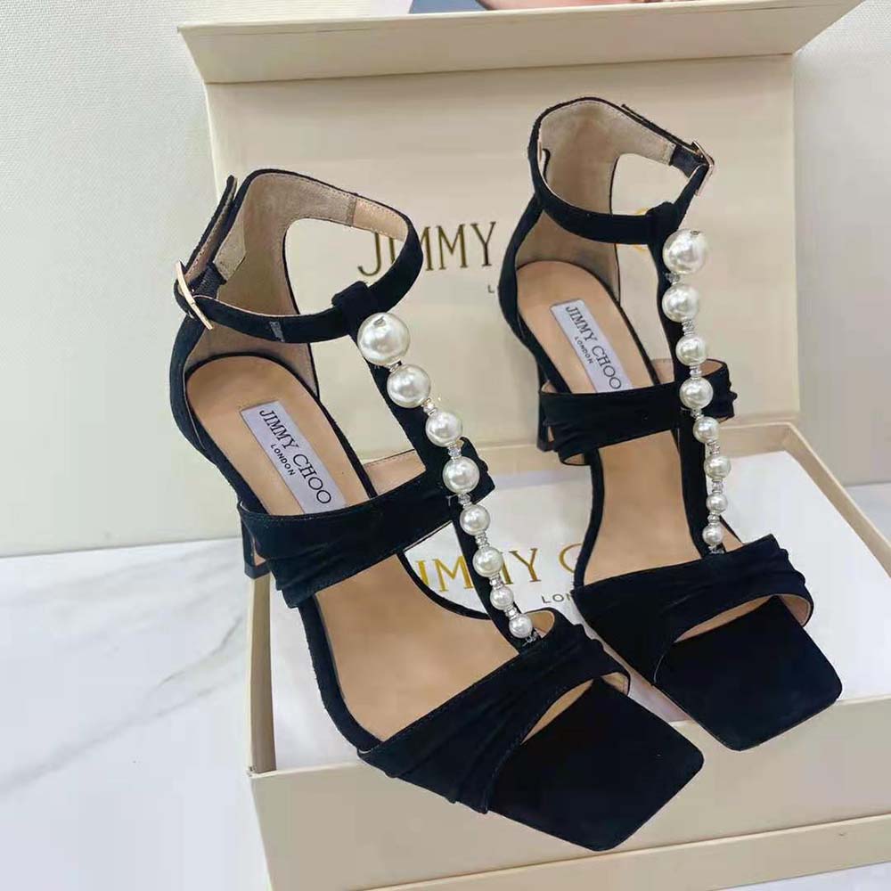 Jimmy Choo Women Aura 95 Black Suede Sandals with Pearls and Crystals - image 4
