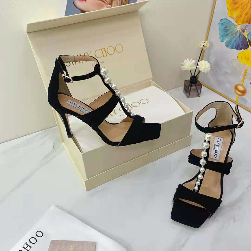 Jimmy Choo Women Aura 95 Black Suede Sandals with Pearls and Crystals - image 5