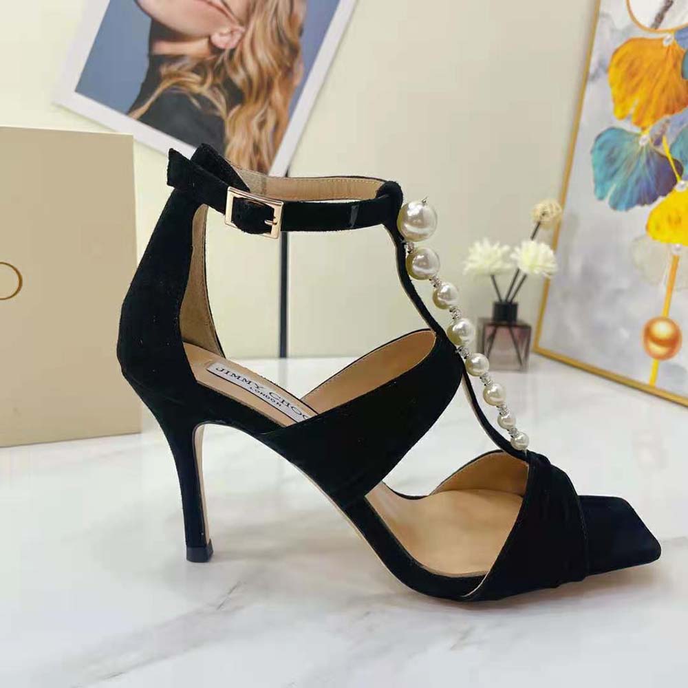 Jimmy Choo Women Aura 95 Black Suede Sandals with Pearls and Crystals - image 9