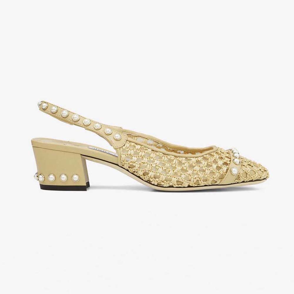Side view of Jimmy Choo Women Hya 45 Barley Woven Raffia Slingbacks with Pearl Studs