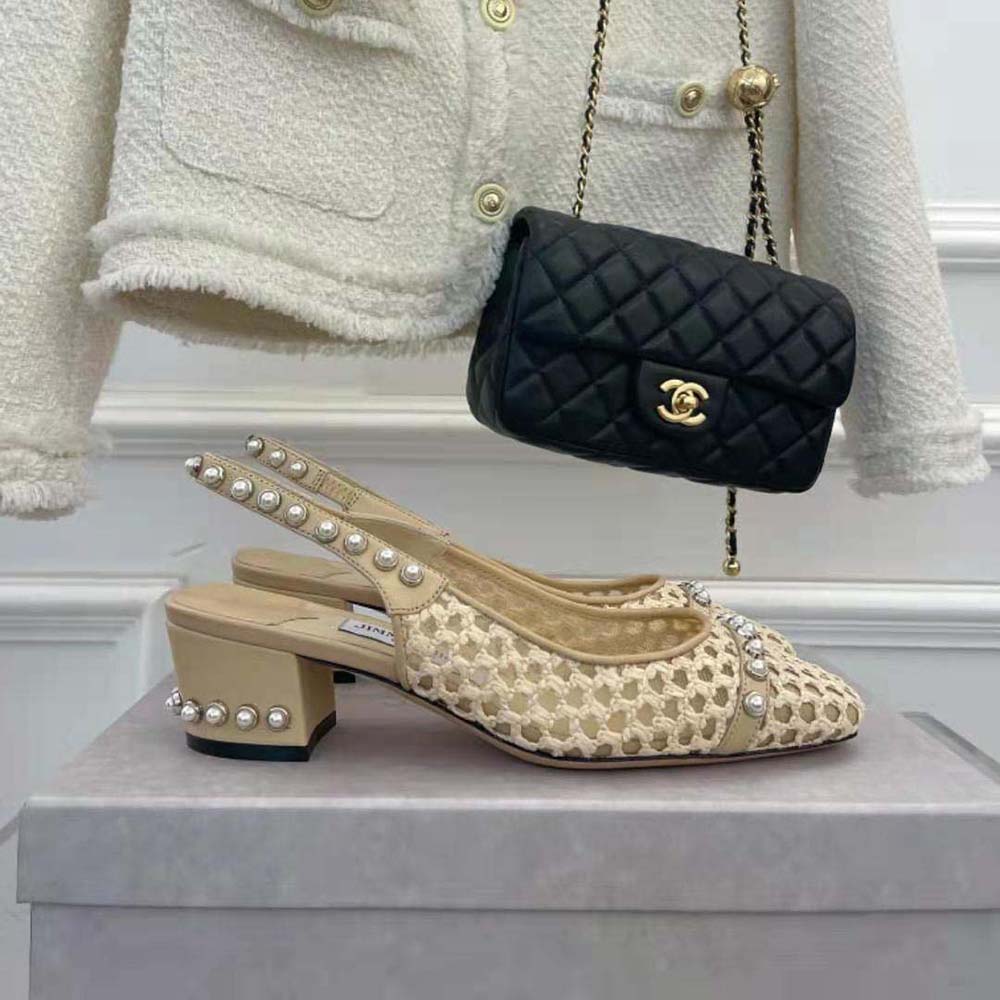 Jimmy Choo Women Hya 45 Barley Woven Raffia Slingbacks with Pearl Studs - image 5