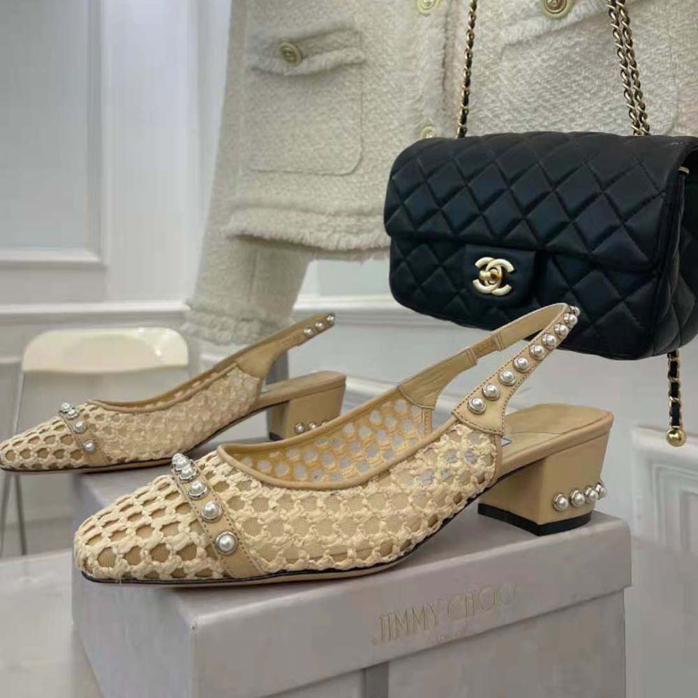 Jimmy Choo Women Hya 45 Barley Woven Raffia Slingbacks with Pearl Studs - image 6