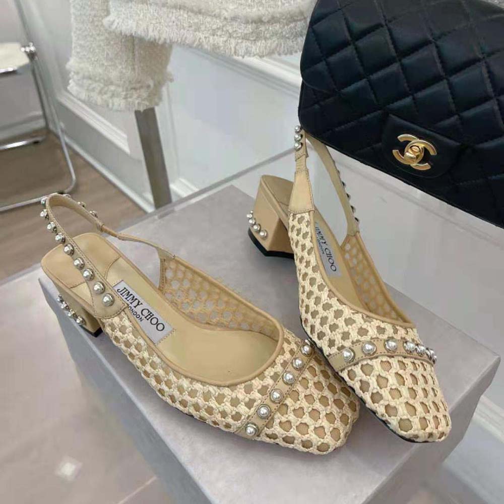Close-up of pearl stud detailing on Jimmy Choo Women Hya 45 slingbacks