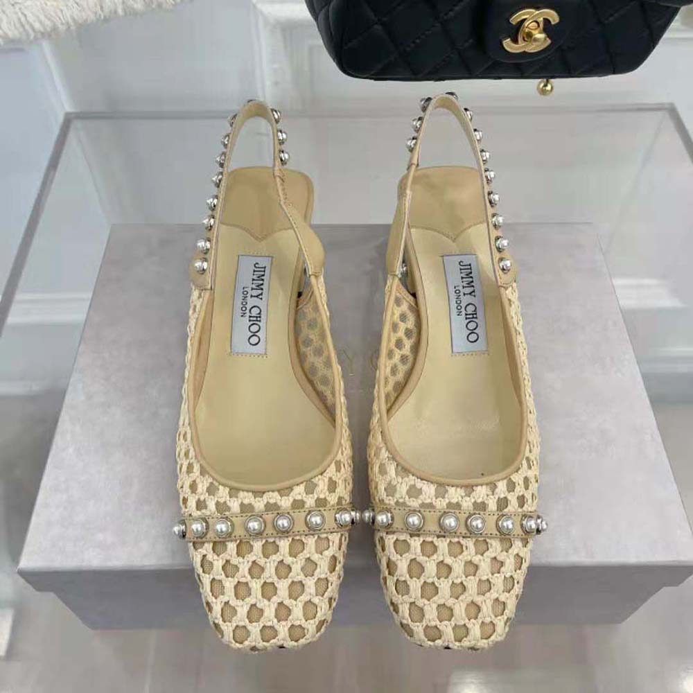 Jimmy Choo Women Hya 45 Barley Woven Raffia Slingbacks with Pearl Studs - image 4