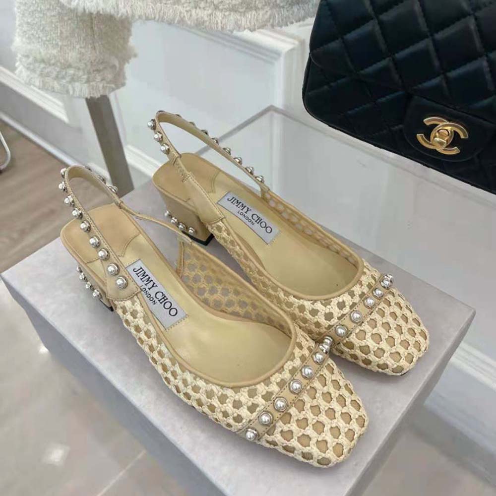 Top angle showing woven raffia texture on Jimmy Choo Women Hya 45 slingbacks