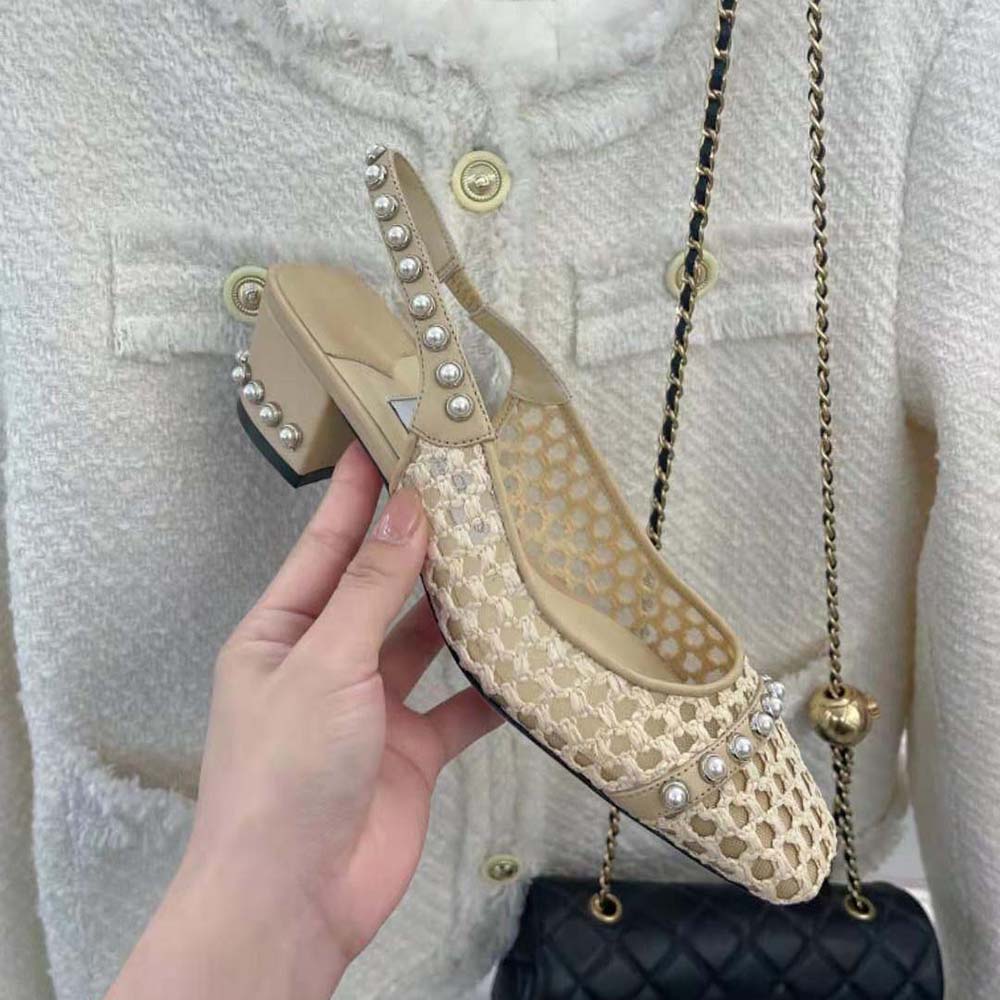 Jimmy Choo Women Hya 45 Barley Woven Raffia Slingbacks with Pearl Studs - image 8