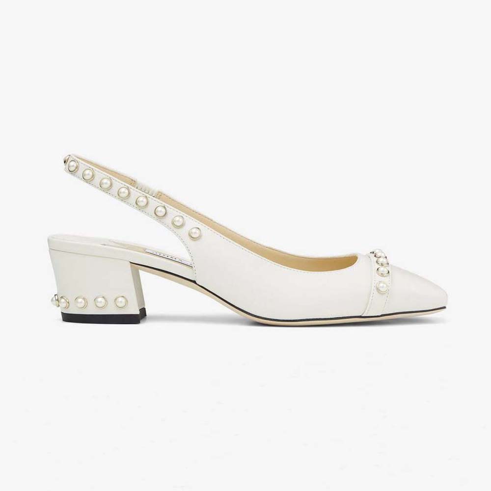 Side view of Jimmy Choo Women Hya 45 Latte Nappa Slingbacks with pearl studs