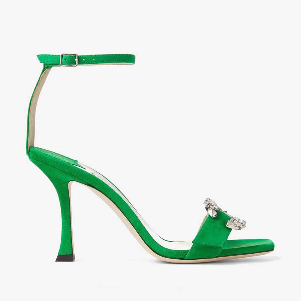 Side view of Jimmy Choo Women Marsai 90 Malachite Suede Sandals showing heel