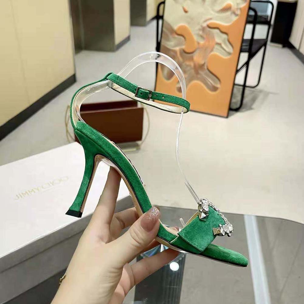Jimmy Choo Women Marsai 90 Malachite Suede Sandals with Crystal Buckle - image 6