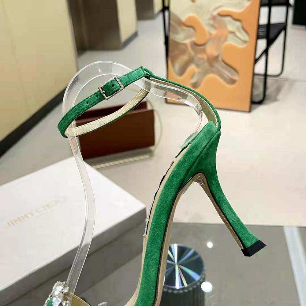 Jimmy Choo Women Marsai 90 Malachite Suede Sandals with Crystal Buckle - image 8