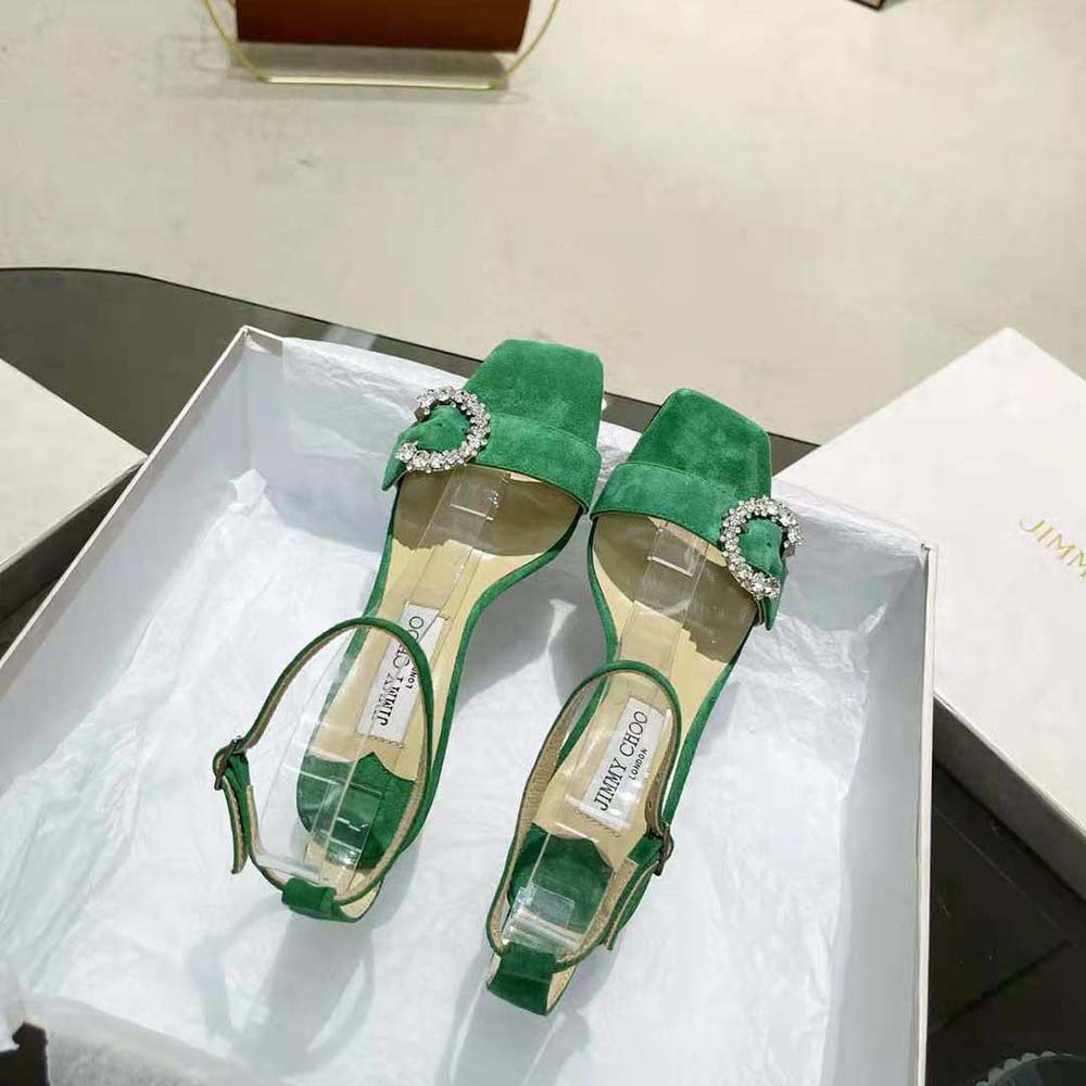 Top angle of Jimmy Choo Women Marsai 90 Malachite Suede Sandals showcasing strap design