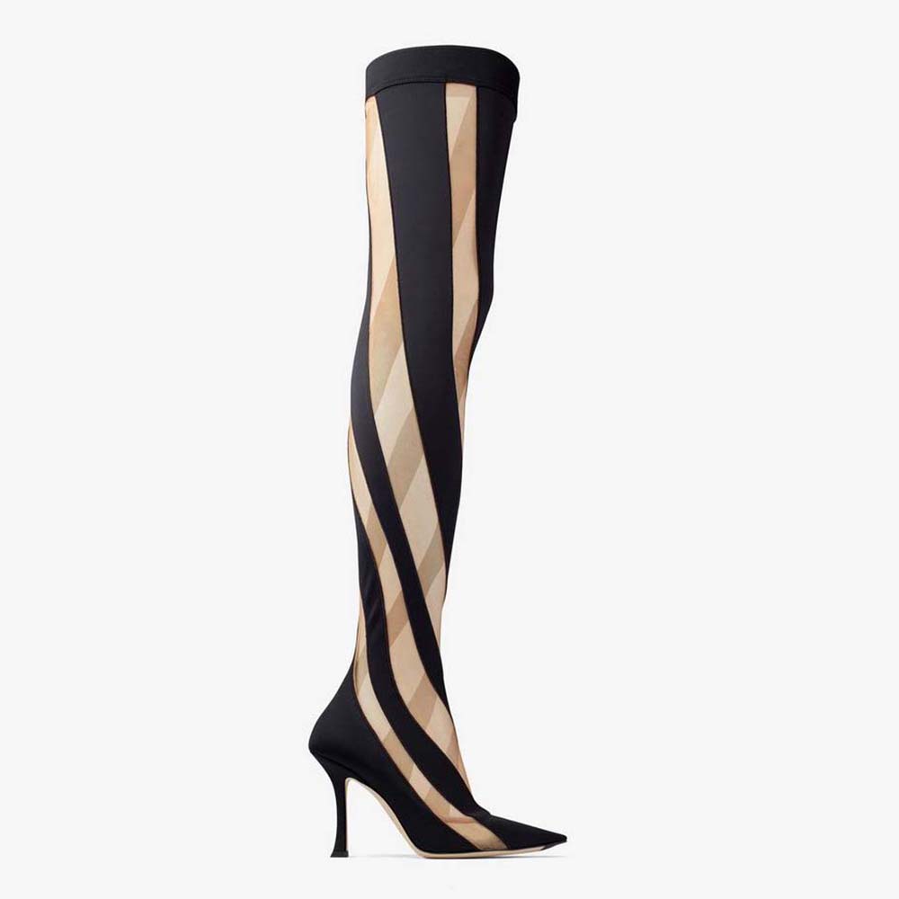 Front angle of Jimmy Choo Women Mugler Sock OTK Boot black and nude