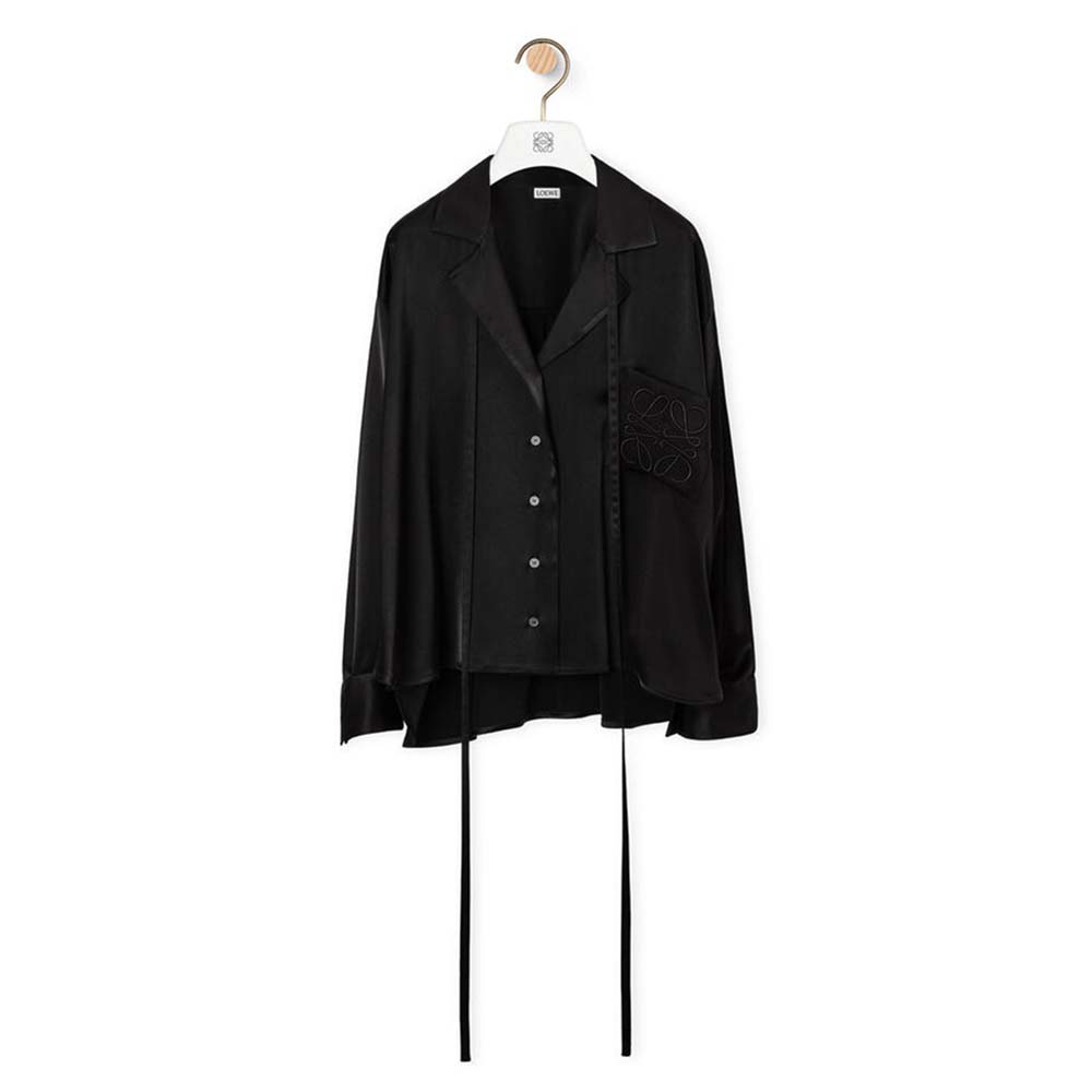 Front view of Loewe Women Anagram Embroidered Pyjama Blouse in Satin-Black