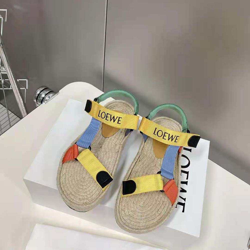 Close-up of adjustable ankle tie on Loewe Women Strappy Espadrille Nylon-Yellow