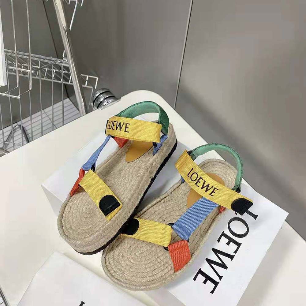 Overhead shot highlighting vibrant yellow nylon straps on Loewe Women Strappy Espadrille