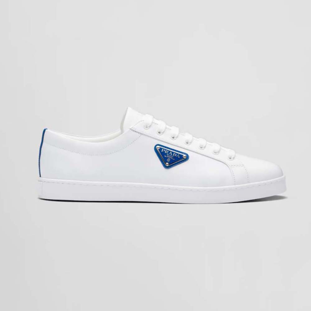 Side profile of Prada Men Brushed Leather Sneakers-Blue showing sleek design