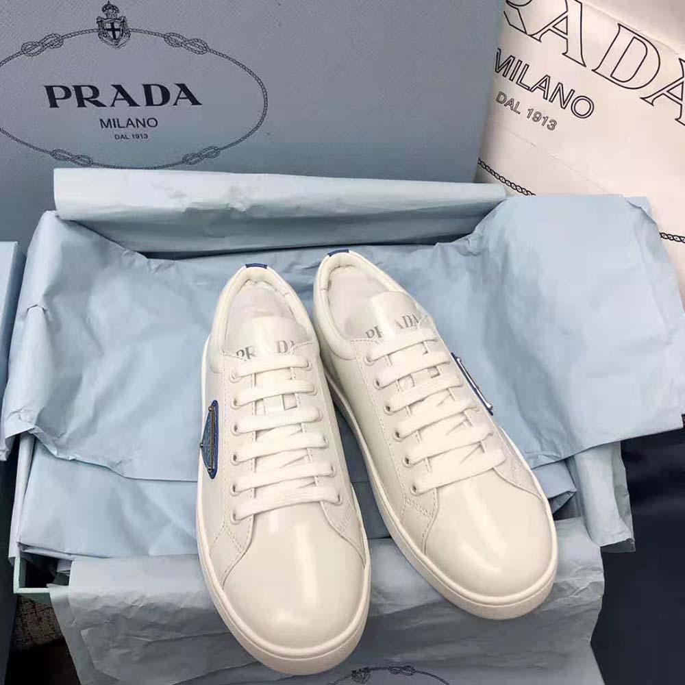 Overhead view of Prada Men Brushed Leather Sneakers-Blue laces and silhouette