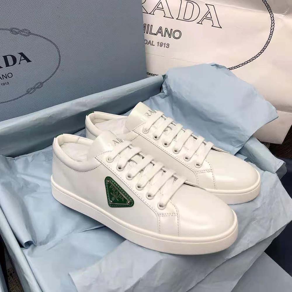 Overhead shot of Prada Men Brushed Leather Sneakers-Green laced up