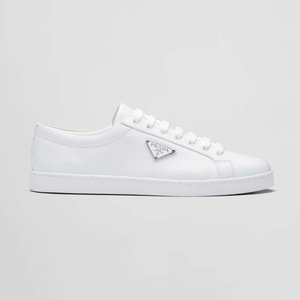 Side profile of Prada Men Brushed Leather Sneakers-White showcasing sleek design