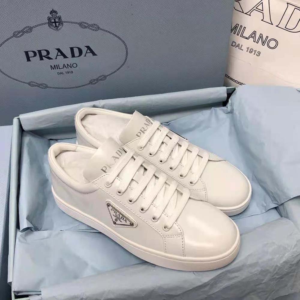 Top view of Prada Men Brushed Leather Sneakers-White with lace-up detail