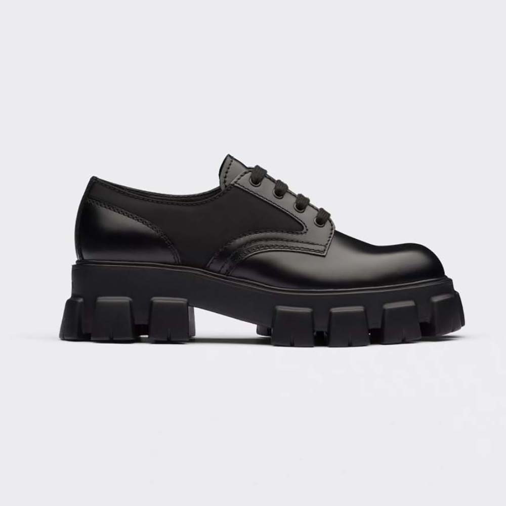 Side profile of Prada Men Monolith Brushed Rois Leather and Nylon Lace-up Shoes