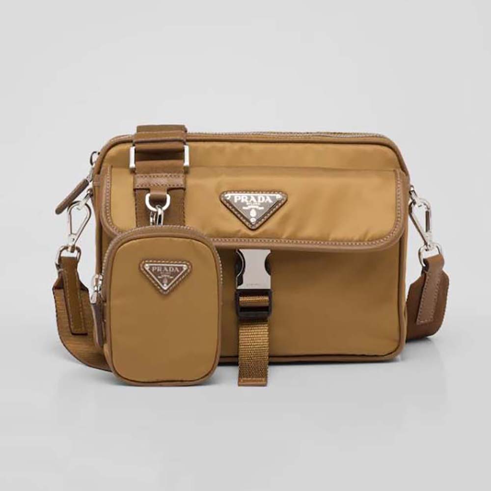 Front view of Prada Men Re-Nylon and Saffiano Leather Shoulder Bag in brown